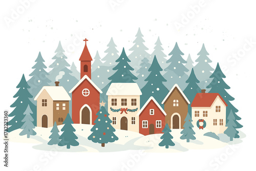 Christmas village in snowy winter forest landscape. Festive holiday scene with cozy houses, church, and decorated tree. Vector illustration for greeting card or banner.