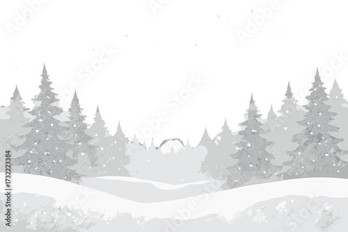 Winter forest landscape background with falling snow. Minimalist vector illustration of foggy pine trees. Serene, frosty nature scene for Christmas or seasonal holiday greeting.
