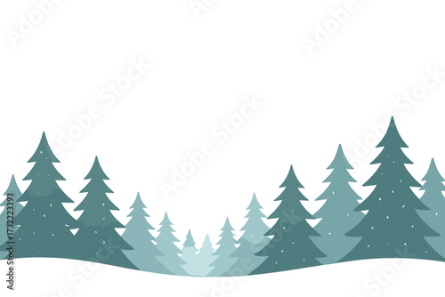 Winter forest landscape background with snow and pine trees. Minimal vector illustration for Christmas holiday. Serene nature scene with copy space, panoramic format. Fir trees.