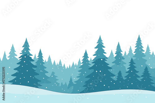 Winter forest landscape with falling snow. Christmas background with snowy pine trees. Minimal vector illustration for the holiday season. Nature scene with copy space.