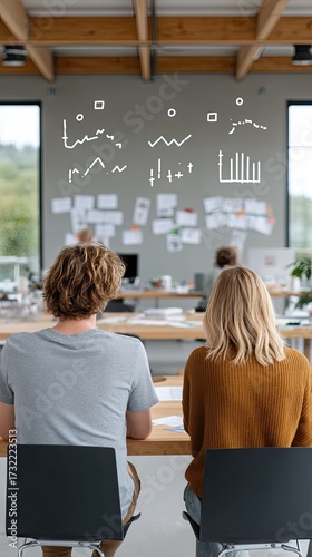 Two Individuals Seated at Desk in Modern Office with Data Charts and Blurred Background