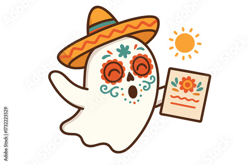 Dia de los Muertos vector with cute ghost character. Kawaii phantom with calavera sugar skull makeup and sombrero for the Day of the Dead Mexican holiday festival celebration.