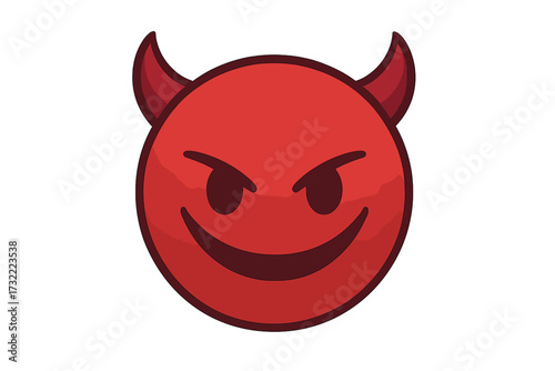 Devil emoticon with an evil smile. Vector emoji smiley icon. Red demon face character with horns. Naughty, bad or satanic symbol for halloween. Impish cartoon illustration.