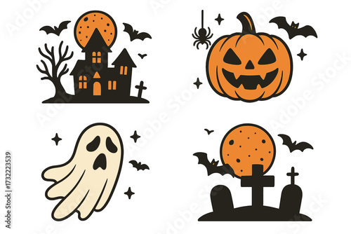 Halloween icons vector set. Spooky cute cartoon graphics collection. Haunted house, jack o'lantern pumpkin, ghost, cemetery silhouette with bats, spider for holiday party.