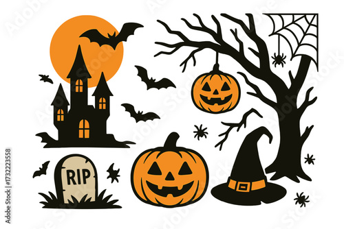 Halloween vector illustration set. Spooky party elements collection. Includes jack o'lantern pumpkin, haunted house, bats, witch hat, spider, web, moon and tombstone icons.