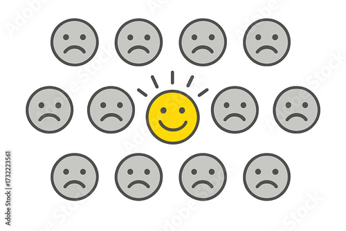Emoticon standing out from the crowd. Be different. Concept for leadership, success, happiness, freedom from the system. Positive attitude, individuality and uniqueness vector.
