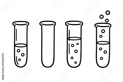 Test tube icon set. Vector doodle illustration of laboratory glassware for a science experiment. Chemical reaction with liquid and bubbles. Chemistry research concept line art design.