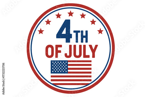 Fourth of July Independence Day vector stamp. American patriotic holiday celebration graphic. Retro vintage grunge emblem with USA flag and stars. Red white and blue design element.