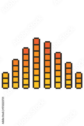 Pixel art music equalizer. 8-bit sound wave graphic. Audio frequency spectrum analyzer. Retro gaming style volume level meter. Vector illustration for digital sound display.