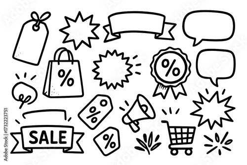 Black Friday sale doodle icon set. Hand drawn vector collection of fun labels, tags, speech bubbles, banners, logos. Shopping promotion design elements for discount offers.