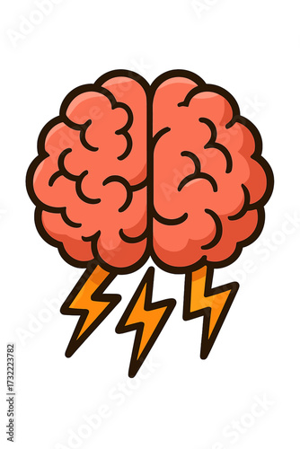 Brainstorming vector icon. Brain with lightning bolts. Creative idea, innovation, and solution symbol. Intelligence, thinking, and mind power. Knowledge and inspiration concept.