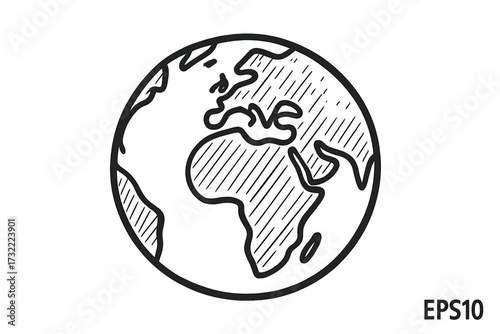 Hand drawn Earth globe doodle. Planet sketch in line art style. World map vector illustration. Concept for global business, international travel, ecology, environment, and geography.