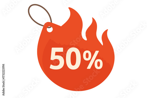 Hot sale 50% off discount flame price tag. Fiery special offer promotion label for marketing. Vector illustration sticker icon for clearance and advertising. Isolated element.