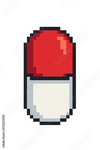 Capsule pill icon in pixel art style. 8-bit retro video game medicine drug symbol. Medical healthcare pharmacy vector illustration. Isolated cartoon graphic element design.