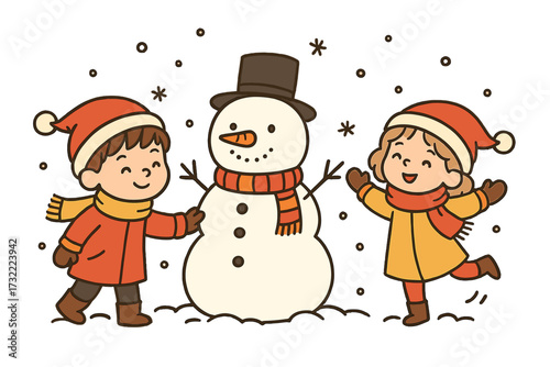 Cute cartoon children building a snowman. Happy boy and girl characters playing in the snow. Winter holiday and Christmas fun vector doodle illustration for greeting cards.