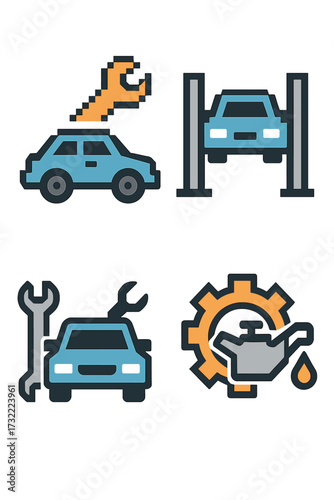 Car service and auto repair vector icon set. Vehicle maintenance, mechanic garage graphic symbols. Automobile on lift, oil change, wrench tool, diagnostics. Flat illustration.