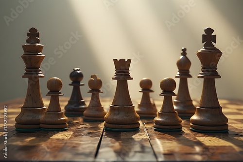 Vintage wooden chess pieces poised for strategic gameplay on a beautiful antique board, perfect for showcasing intellectual gamesmanship and classic hobbies