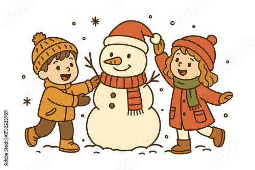 Happy boy and girl characters building a snowman in winter. Cute children playing outdoors in the snow. Vector doodle illustration for Christmas and the holiday season fun.
