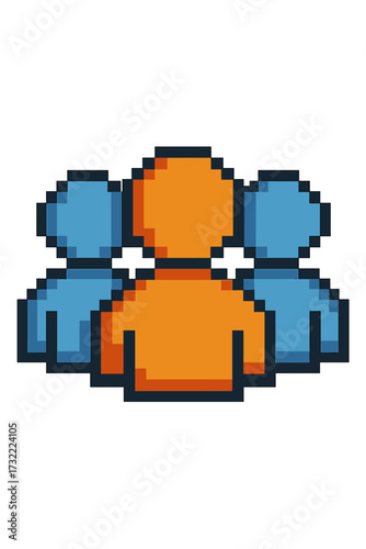 Pixel art icon of a group of people. 8-bit user avatars concept for teamwork, community, or social network. Leadership or individuality symbol with a leader in the center.