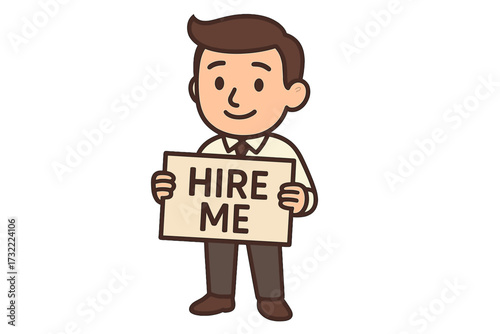 Job search concept. Unemployed man looking for work holding a hire me sign. Vector illustration for recruitment, career opportunity, human resources, and employment vacancy.