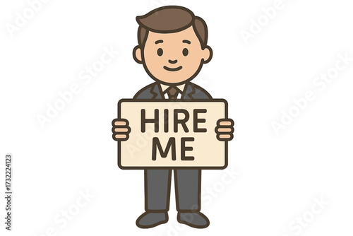 Man in suit holding Hire Me sign. Job search and recruitment concept. Unemployed character looking for a work vacancy. Business vector illustration for employment and career.