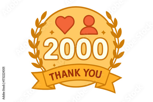 2000 followers celebration vector badge. Thank you post for social media. 2k follower goal achievement icon with heart and user symbol. Golden laurel wreath emblem design.