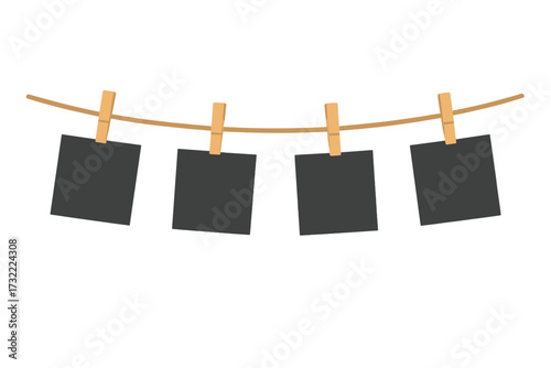 Blank photo frames hanging on a clothesline with wooden pegs. Vector template for a photo gallery or memory collage. Mockup for your pictures, images, or designs. Filmstrip.