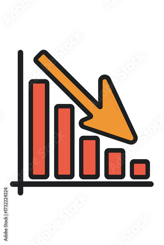 Decrease icon with falling graph. Business chart with arrow down. Financial crisis, recession, and bankruptcy symbol. Stock market crash diagram. Data loss vector sign.