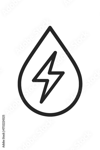 Hydropower energy icon. Water drop with lightning bolt symbol. Concept of clean, renewable, sustainable power. Eco-friendly hydroelectricity logo. Vector line art illustration.
