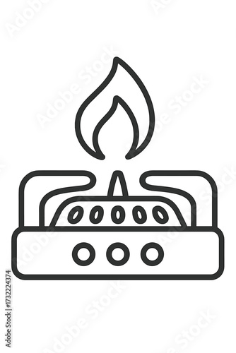 Gas stove burner icon with burning fire flame. Kitchen appliance, cooktop or hob for cooking. Natural gas energy concept. Household equipment symbol. Linear outline vector.