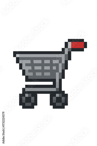 Pixel art shopping cart icon. 8-bit e-commerce symbol for online store. Vector illustration for web design, app, and game development. Digital purchase, retail, and marketing concept.