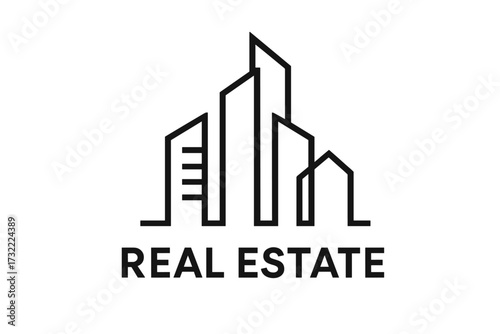 Real estate logo with skyscraper building skyline. Modern line art vector icon for property, construction, architecture business. Minimal cityscape corporate identity symbol design.