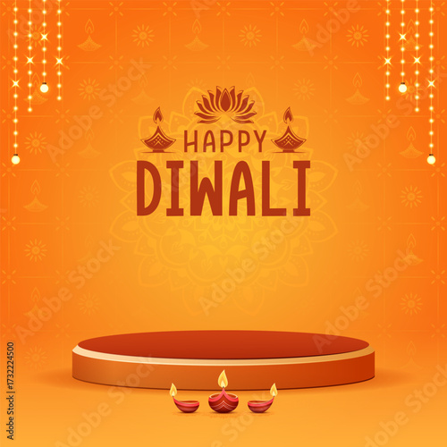 happy diwali 3d podium illustration with diwali yellow background and glowing lights decoration