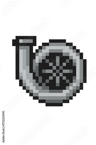 Turbocharger pixel art icon. Car engine part for performance tuning. Automotive turbo for speed and power boost. 8-bit retro video game sprite asset. Racing motor symbol.