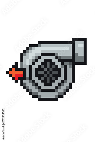 Pixel art turbocharger icon. Car engine part for tuning and speed boost. Automotive supercharger in 8-bit retro video game style. Vector illustration of a turbine compressor.