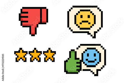 Pixel art feedback icons set. Thumbs up, thumbs down, stars rating, and emoji review. 8-bit retro game style vector illustration for customer satisfaction survey design elements.