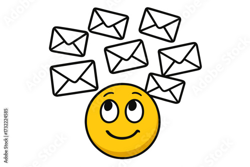 Email overload concept. Happy emoji receiving many falling envelopes. Metaphor for inbox spam, newsletters, and digital communication. Vector illustration for marketing.