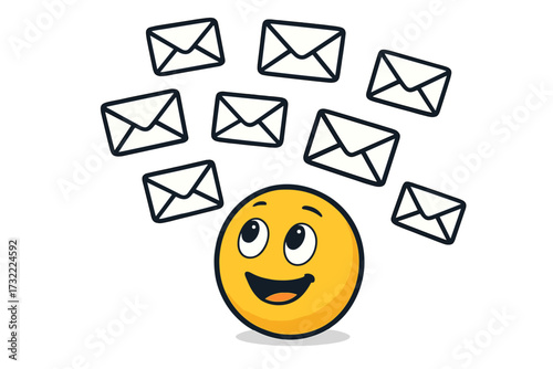 Happy emoji receiving a shower of emails. Concept for communication, getting messages, inbox overload or digital marketing success. Cartoon vector character with falling envelopes.