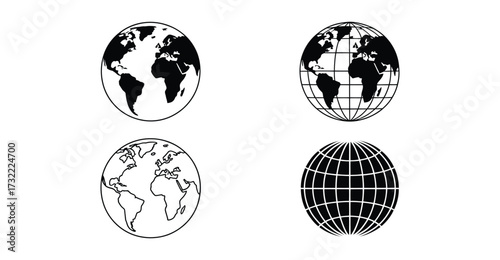  Set of four Earth icons in black and white featuring globe silhouettes, outlines, and grid overlays for geography, science, and design use