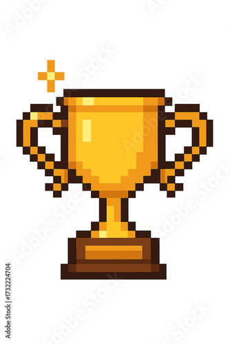 Pixel art trophy cup for winner. Golden award for victory. First place prize. Champion success symbol. 8 bit retro video game icon. Achievement concept vector illustration.