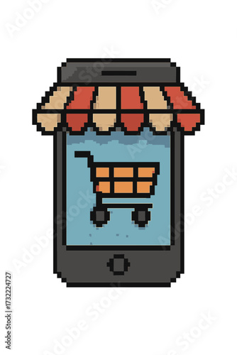 Online shopping pixel art vector. Mobile phone as digital market, internet store. E-commerce app concept with smartphone, cart. Mobile commerce illustration for web, game design.