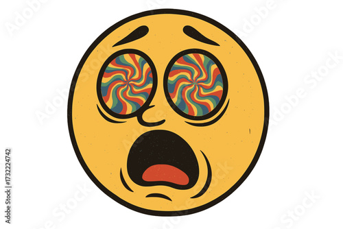 Retro vintage emoticon on a psychedelic experience. Trippy and overwhelmed smiley face vector. Editable emoji illustration with hypnotic spiral eyes. Mind-altering awe concept.