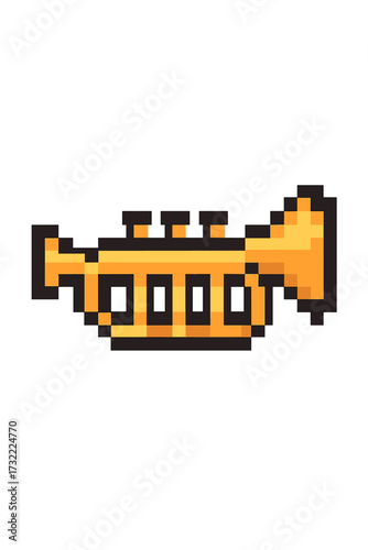 Trumpet pixel art icon. 8-bit music instrument symbol for retro video game. Classic arcade style brass graphic. Jazz, orchestra, or fanfare sound concept vector illustration.