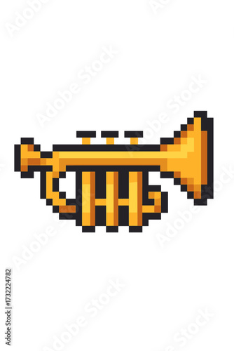 Pixel art trumpet vector icon. 8-bit music instrument symbol. Retro gaming sprite asset. Golden brass instrument for jazz, fanfare or classical music. Isolated illustration.