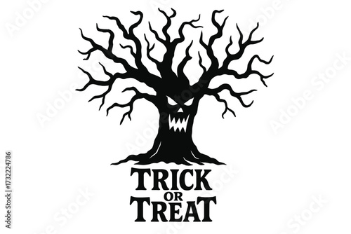 Scary haunted tree silhouette with an evil face and Trick or Treat Halloween lettering. Spooky monster for party invitation or decoration. Vector illustration design element.