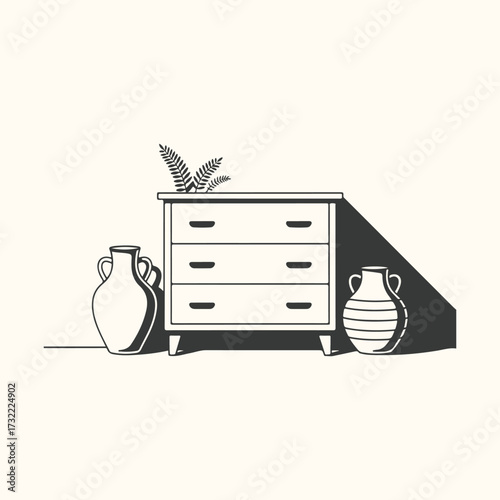 Vector art of a minimalist line art illustration of a white dresser with three drawers, flanked by two decorative amphora vases, with a sprig of fern on top, casting a shadow on a plain background
