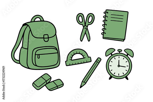School supplies doodle icon set. Back to school concept with green vector graphics. Education stationery collection with backpack, scissors, notebook, protractor, pencil, and clock.