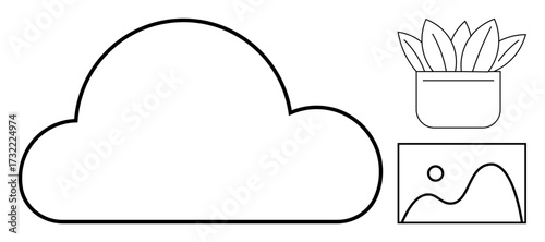 Cloud shape with a potted plant and a picturesque landscape representing ecology, cloud computing, sustainability, digital transformation, minimalism, technology, and nature integration. Simple flat