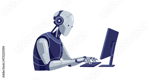 Robot Typing on Computer Keyboard with Monitor.