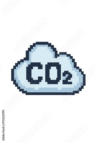 CO2 emission pixel art icon. Carbon dioxide in a cloud. Climate change and air pollution concept. Global warming symbol. Environmental and ecology problem vector illustration.